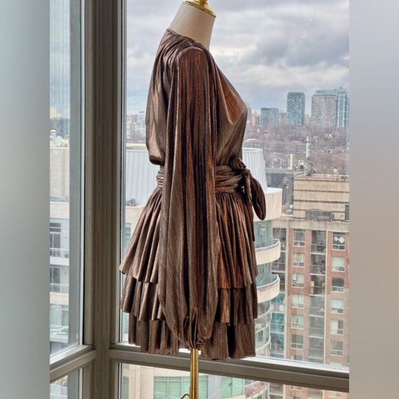 🆕 BRONX & BANCO 🧿 NWOT Bellerose Ruffled Mini Dress, Metallic Gold Sz S / US 4 - Picture 8 of 16